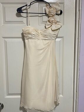 Teri Jon Ivory One-Shoulder Chiffon Dress with Floral Accent